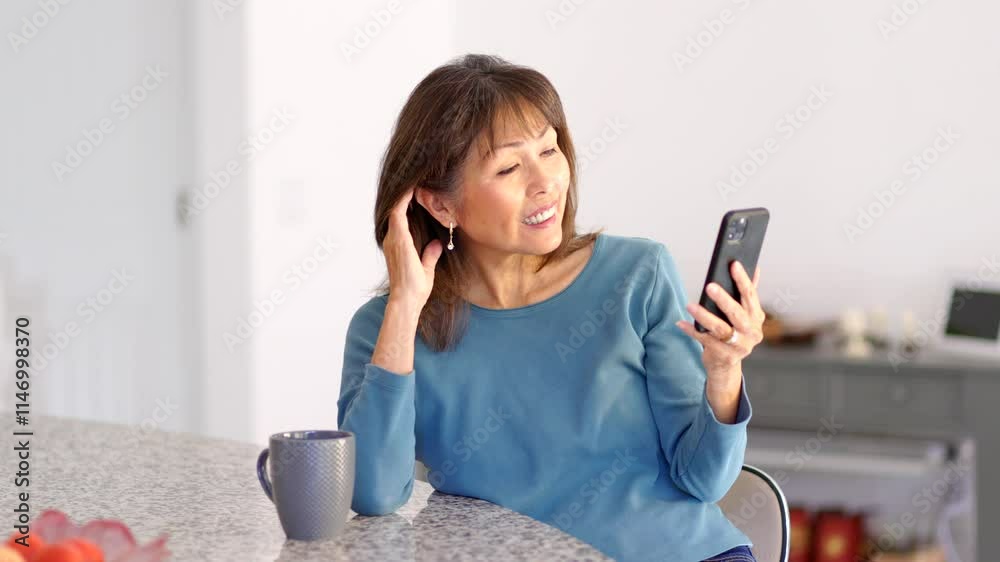 Woman smiling talking on smartphone video chat sitting at table Woman smiling talking on smartphone video chat sitting at table