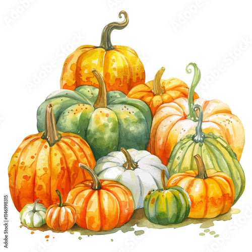 A watercolor of a patch of pumpkins and gourds on the farm, surrounded by straw and autumn leaves, isolated on a white background. Fall harvest vector.
