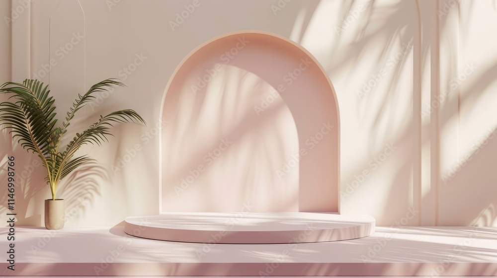 A minimalist interior design with soft pink tones, natural light, a potted plant, and an elegant archway. A minimalist interior design with soft pink tones, natural light, a potted plant, and an elegant archway.