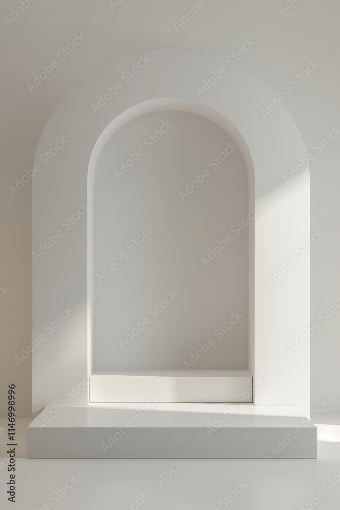 A minimalist white arch niche with soft lighting, showcasing modern interior design elements and clean lines. A minimalist white arch niche with soft lighting, showcasing modern interior design elements and clean lines.