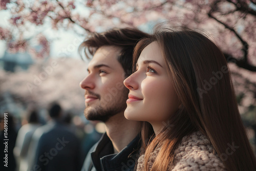 Generative AI depiction of a young couple enjoying Japan's spring park with cherry blossoms in full bloom