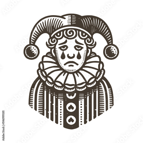  sad clown in Pierrot costume.  vintage engraving vector illustration, emblem, icon, print. isolated object