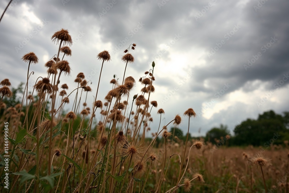 Fototapeta premium Dried wildflowers against cloudy sky