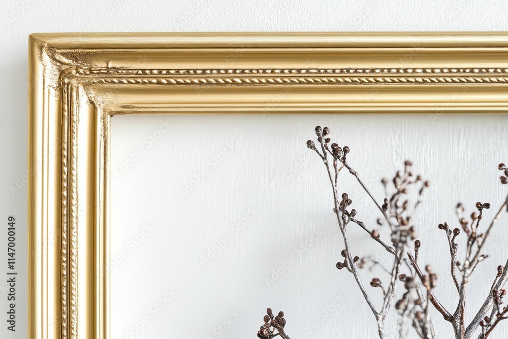 Obraz premium Gold frame, textured white wall, dried branches.