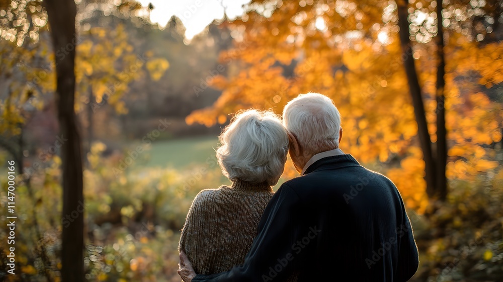 Elderly couple enjoying a serene autumn moment in nature. Elderly couple enjoying a serene autumn moment in nature.