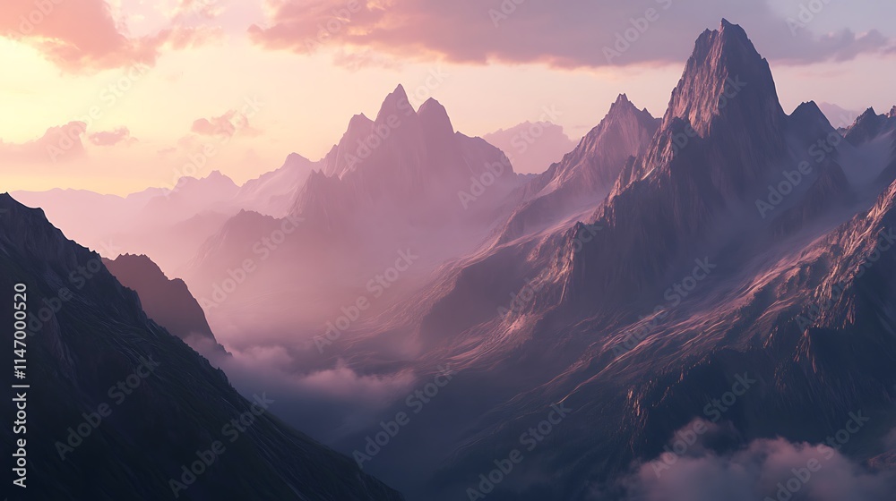 Majestic mountain range under soft twilight hues with misty valleys below Majestic mountain range under soft twilight hues with misty valleys below