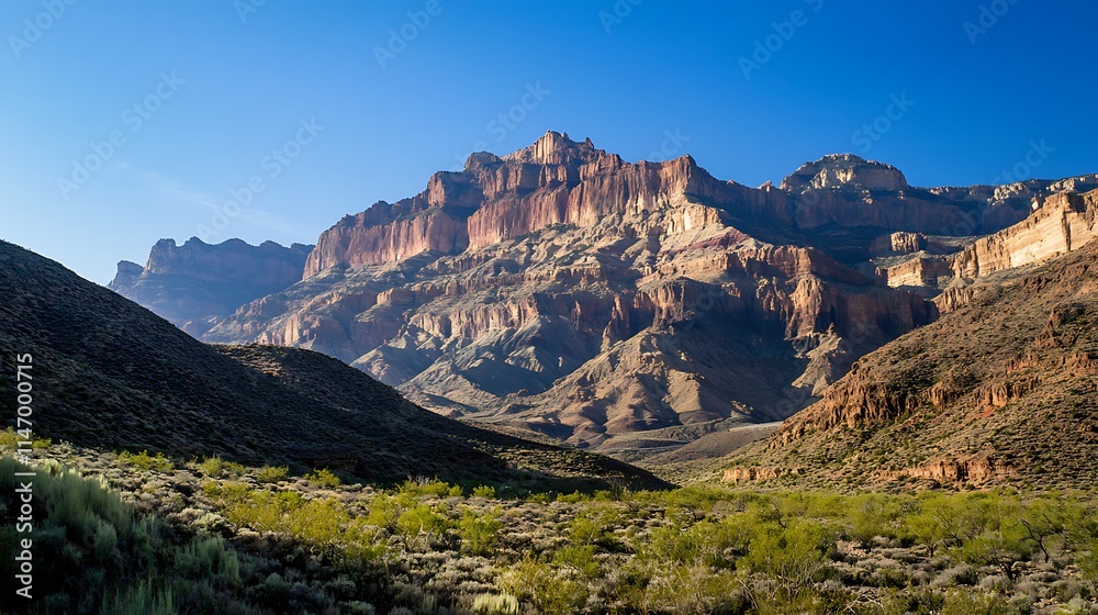 Wide mountain view with jagged cliffs and sharp ridges under a clear sky Wide mountain view with jagged cliffs and sharp ridges under a clear sky