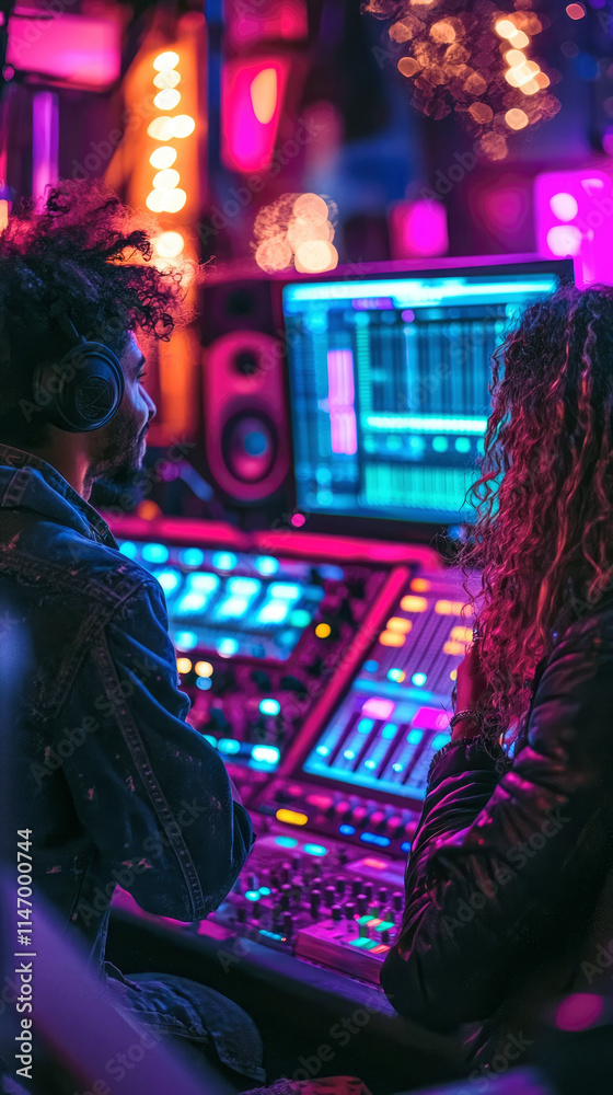 Obraz premium Young people works in music studio, smiling man and woman against equipment in dark modern room with neon lights. Concept of production, technology, musician, mixing, audio