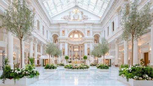 Grand, bright atrium with marble floor, columns, and lush greenery.