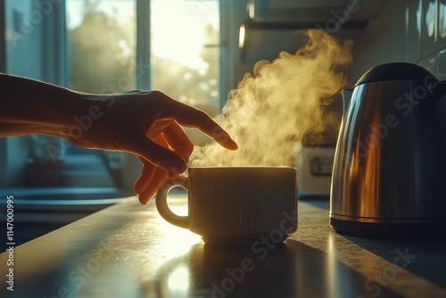 Warm sunlight filtering through a kitchen window while a hand adds sugar to a steaming cup of coffee in the photo