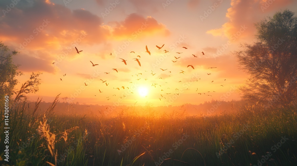 Fototapeta premium Golden sunrise over a grassy field with birds in flight.