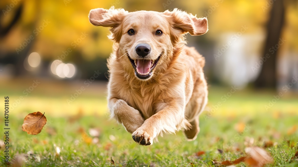 Happy golden retriever running joyfully through autumn leaves. Happy golden retriever running joyfully through autumn leaves.
