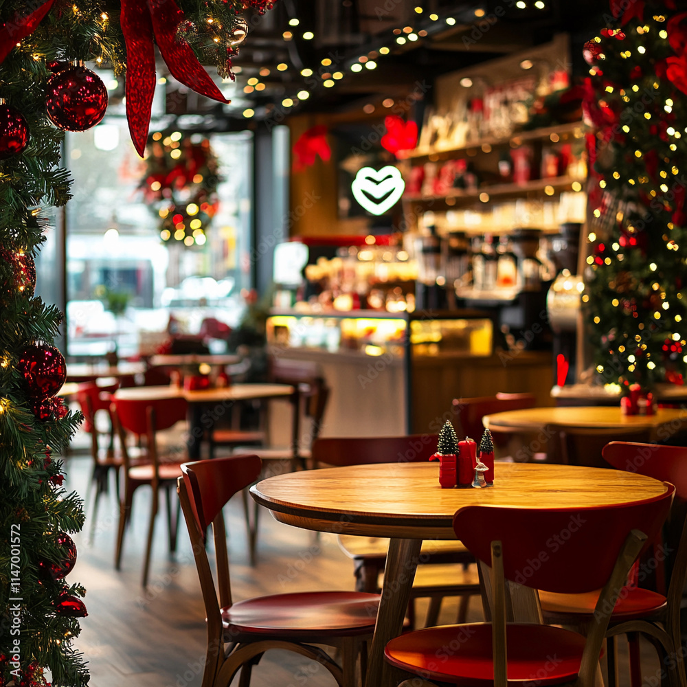 Cozy cafe decorated with festive holiday lights and red accents during winter season Cozy cafe decorated with festive holiday lights and red accents during winter season