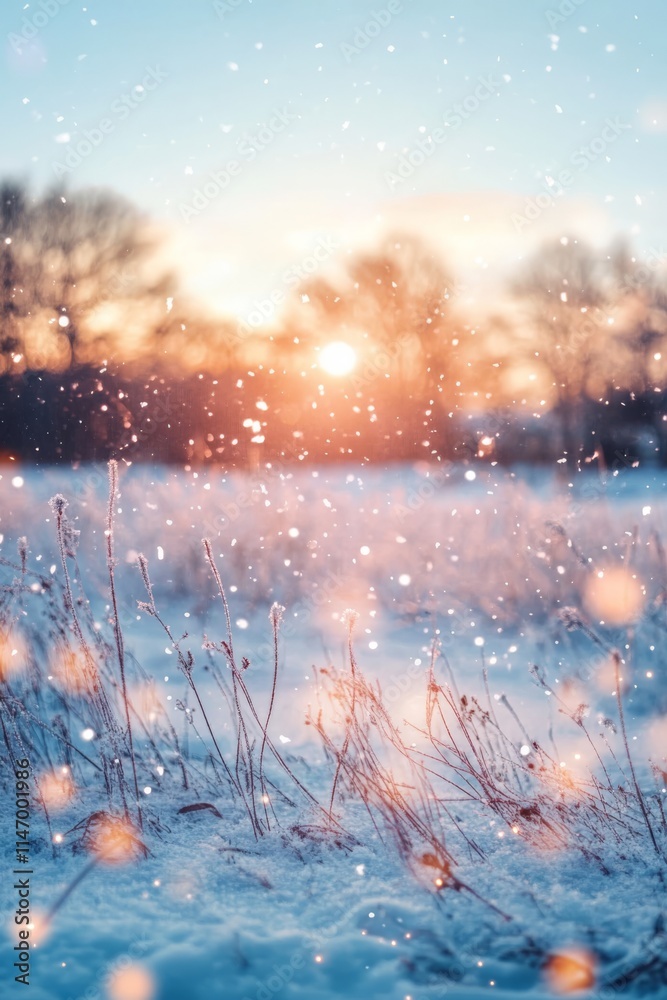 Tranquil winter scene with snowflakes falling at sunset over a snowy field and trees, creating a magical atmosphere. Tranquil winter scene with snowflakes falling at sunset over a snowy field and trees, creating a magical atmosphere.