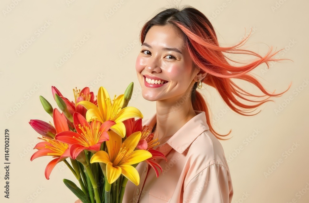 Fototapeta premium Banner with space for text, portrait of happy woman with multi-colored hair holding bouquet of flowers, airy cute shot on clean background. Women's holiday, gifts