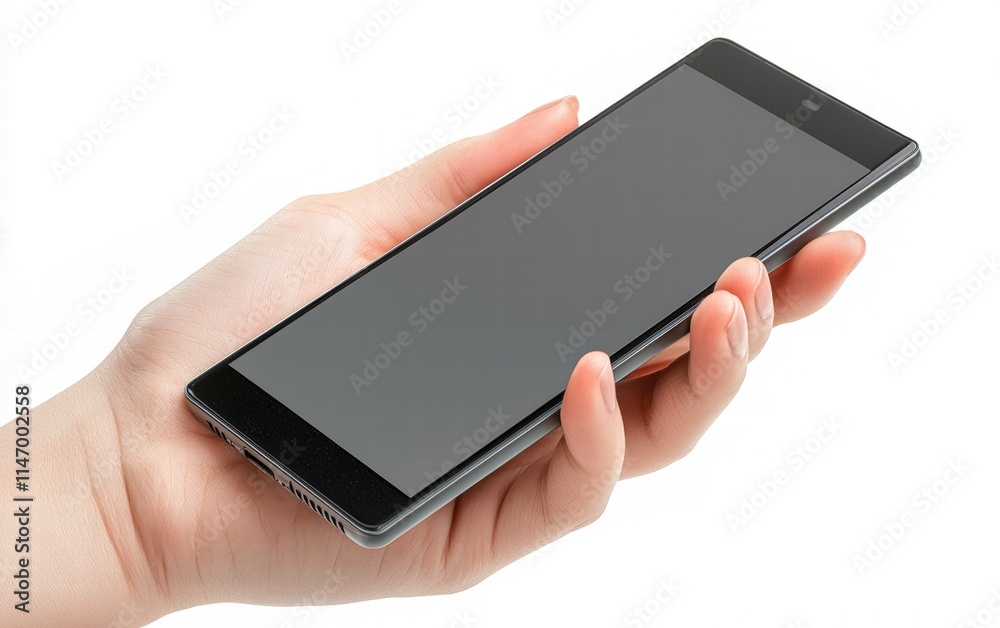 Hand holding mobile phone screen mock up, showing smartphone mockup, scrolling display, isolated on white background Hand holding mobile phone screen mock up, showing smartphone mockup, scrolling display, isolated on white background