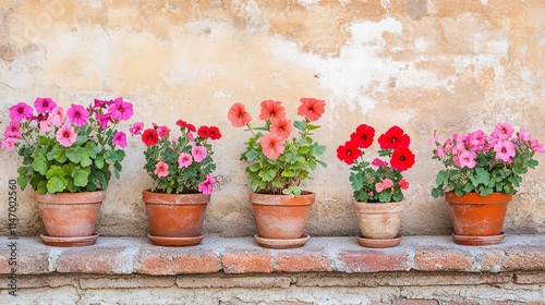 Vivid geraniums arranged in terracotta pots against a rustic brick wall, overhead shot, Mediterranean style
