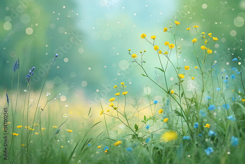 macro photo of blooming spring field with small blue and yellow flowers in grass and blurred background