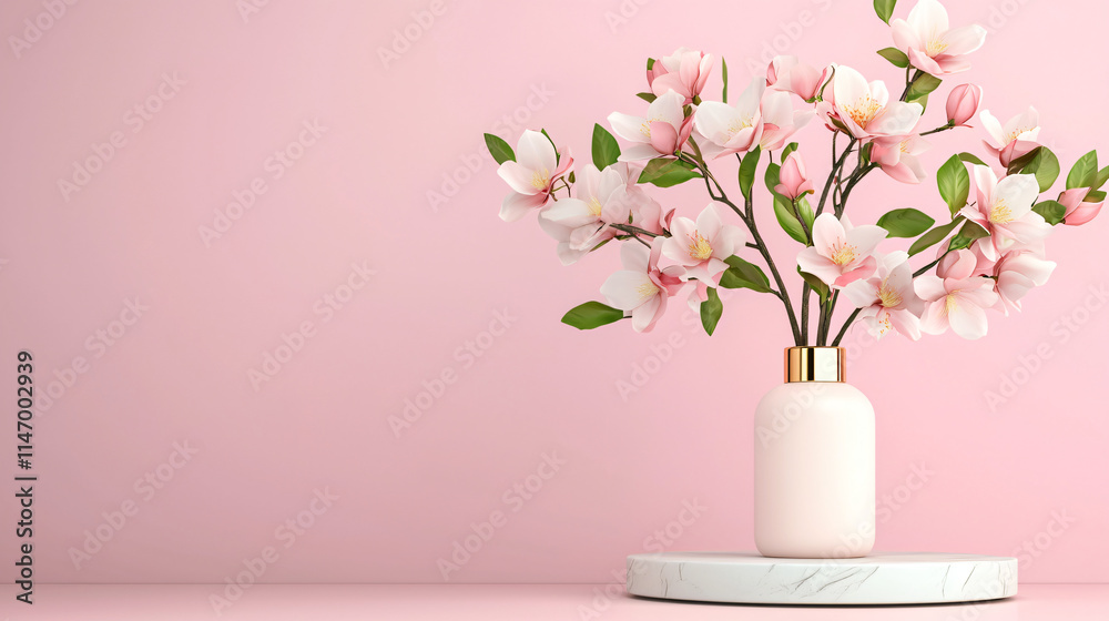 A luxurious 3D display podium with elegant feminine design elements, showcasing a high-end product in a beautifully lit 3D render for an advertisement. A luxurious 3D display podium with elegant feminine design elements, showcasing a high-end product in a beautifully lit 3D render for an advertisement.
