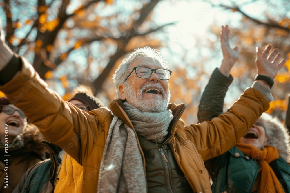 Portrait of happy senior man raising hands in the autumn park. Portrait of happy senior man raising hands in the autumn park.