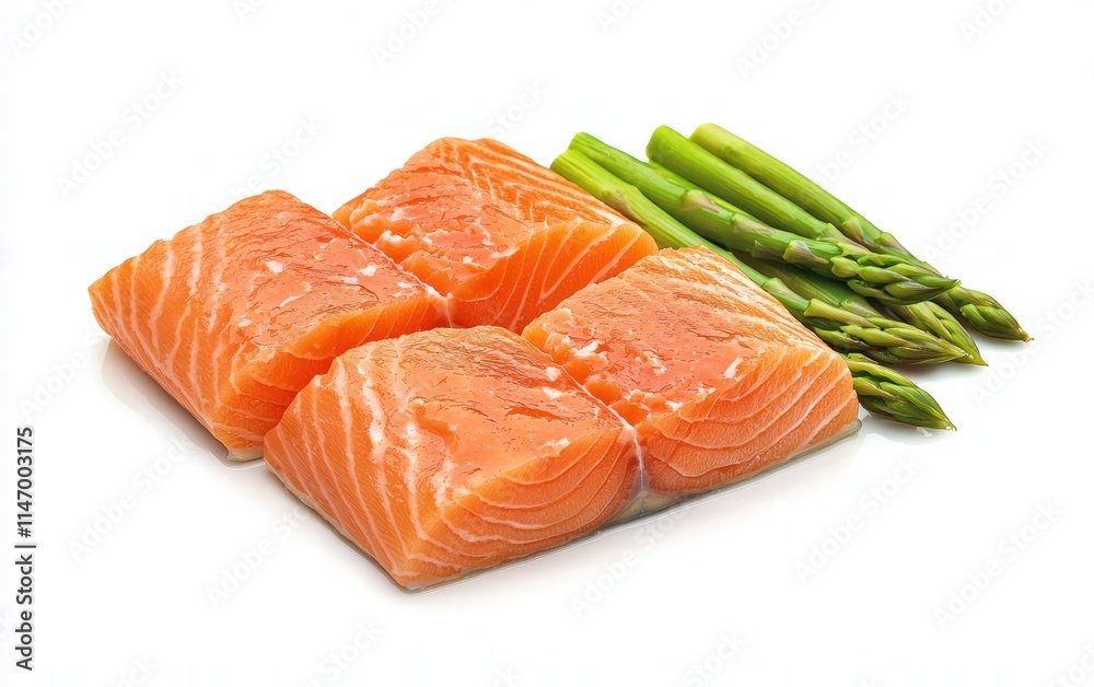 Pan-Seared Salmon with Asparagus: Crispy salmon fillet and steamed asparagus on a clear white background Pan-Seared Salmon with Asparagus: Crispy salmon fillet and steamed asparagus on a clear white background