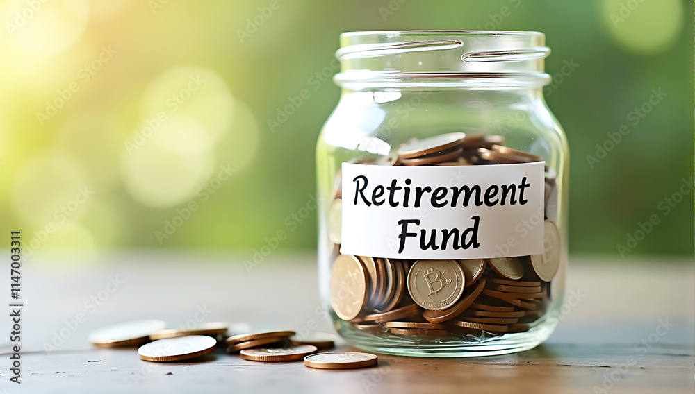 A jar filled with coins labeled Retirement Fund, with no human presence A jar filled with coins labeled Retirement Fund, with no human presence