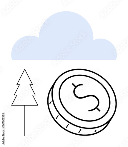 Coin with dollar sign next to evergreen tree and cloud. Ideal for financial growth, environmental sustainability, climate change, green investments, ecology, economic balance scenes. Line metaphor photo