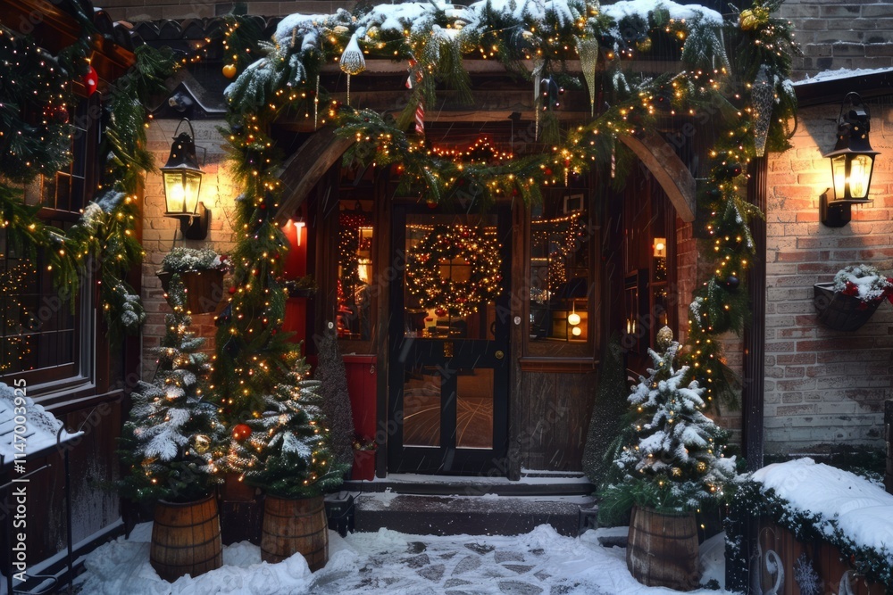 The front of a building is decorated with Christmas lights and greenery. The entrance is adorned with a wreath and a large archway. The scene is festive and inviting The front of a building is decorated with Christmas lights and greenery. The entrance is adorned with a wreath and a large archway. The scene is festive and inviting