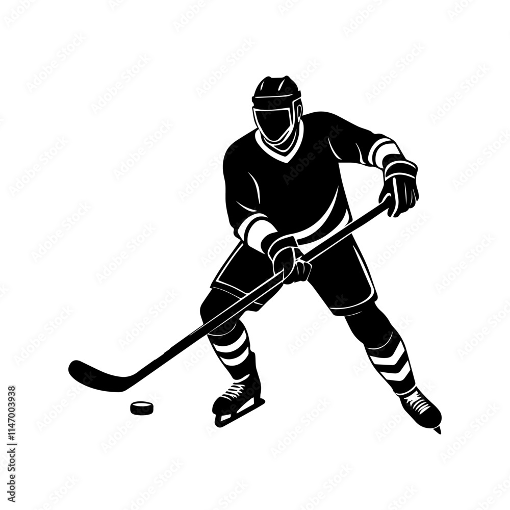Fototapeta premium Hockey player silhouette, black and white silhouette, vector and&nbsp;illustration