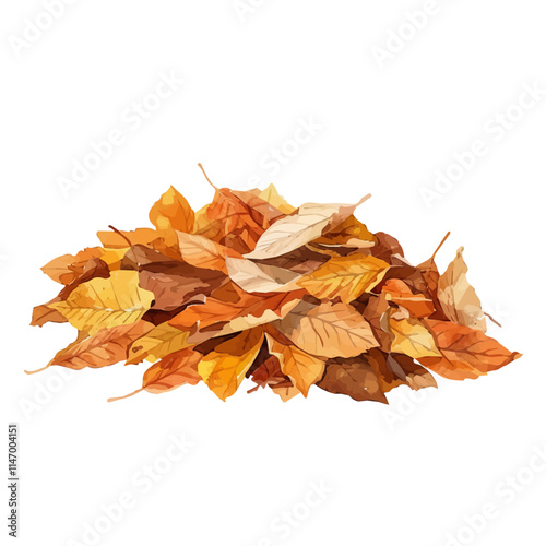 A watercolor vector of a pile of dried autumn leaves in a park, isolated on a white background. Autumn leaves vector.
