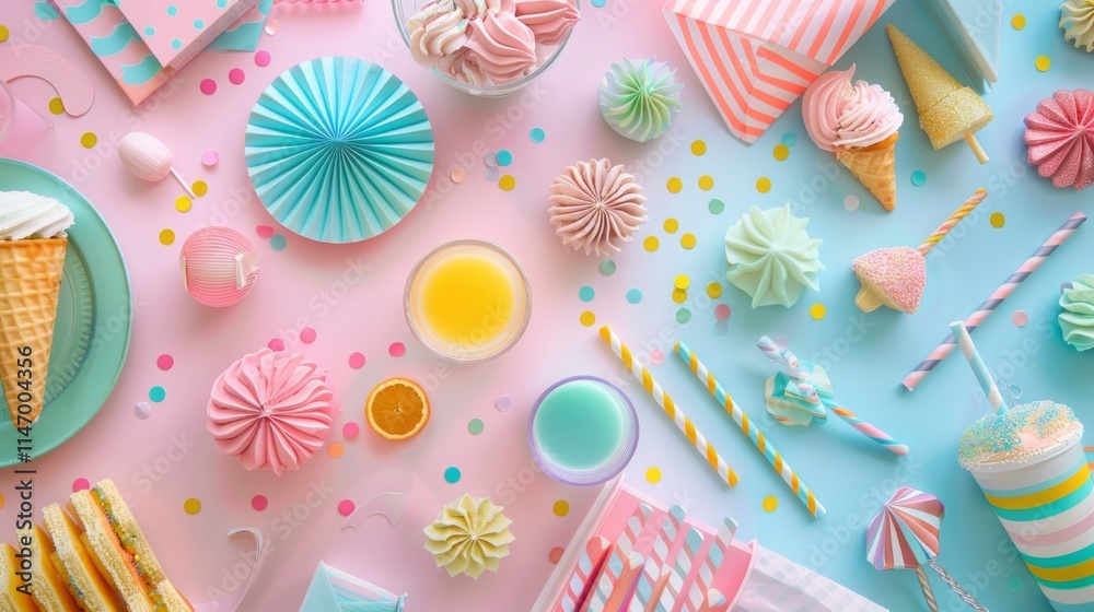 A vibrant pastel-themed party table featuring an array of sweets, drinks, and festive decorations. Ideal for celebrations, birthdays, and festive occasions. A vibrant pastel-themed party table featuring an array of sweets, drinks, and festive decorations. Ideal for celebrations, birthdays, and festive occasions.