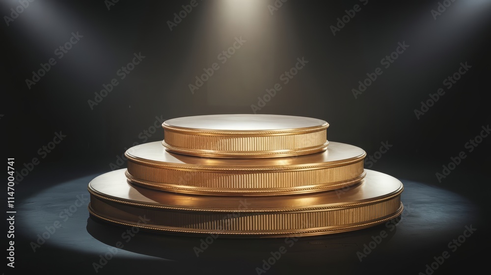 A luxurious gold podium with three ascending steps for product display , illuminated by a spotlight on a dark stage with a shadowy backdrop A luxurious gold podium with three ascending steps for product display , illuminated by a spotlight on a dark stage with a shadowy backdrop