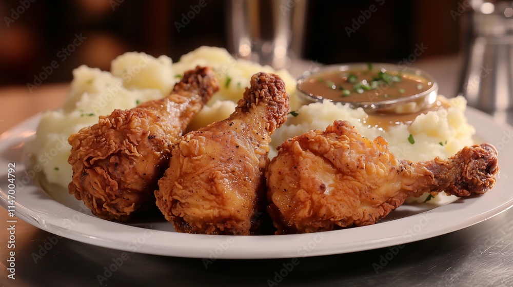 Crispy fried chicken with mashed potatoes and gravy. Crispy fried chicken with mashed potatoes and gravy.