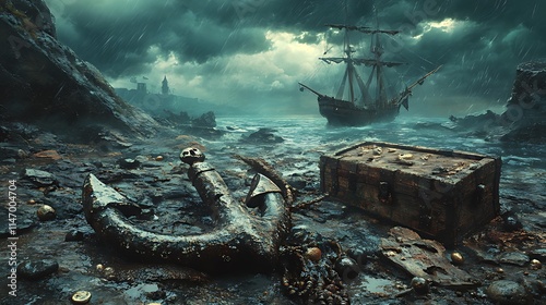 A weathered anchor and treasure chest lie on a rain-swept shore with a distressed galleon in the background. photo