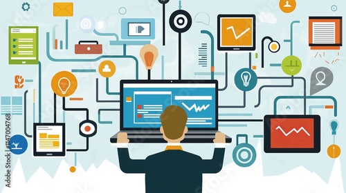 A man works on a laptop connected to a network of devices and data.