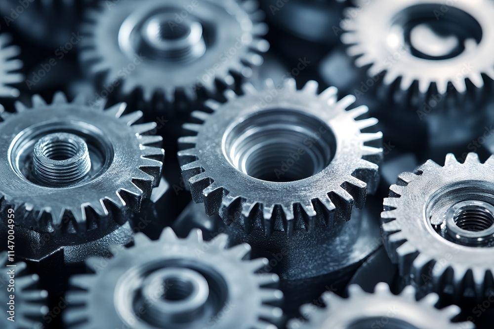 Close-up view of metallic gears arranged closely on a workbench during assembly at a manufacturing facility Close-up view of metallic gears arranged closely on a workbench during assembly at a manufacturing facility