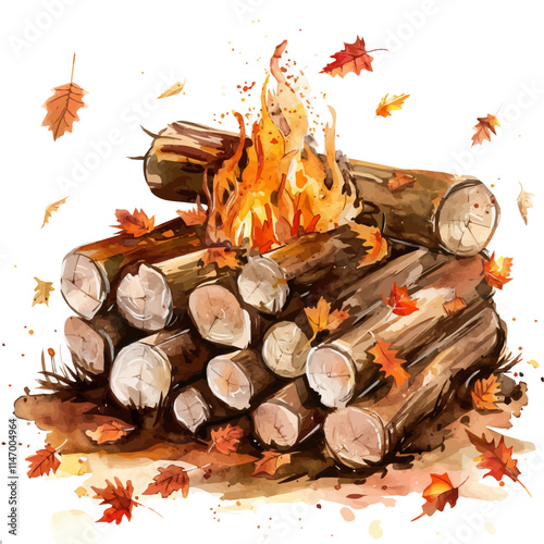 A watercolor vector of a pile of logs stacked next to a fire pit surrounded, isolated on a white background. 