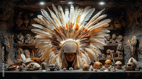 Authentic hawaiian headdress and artifacts display photo