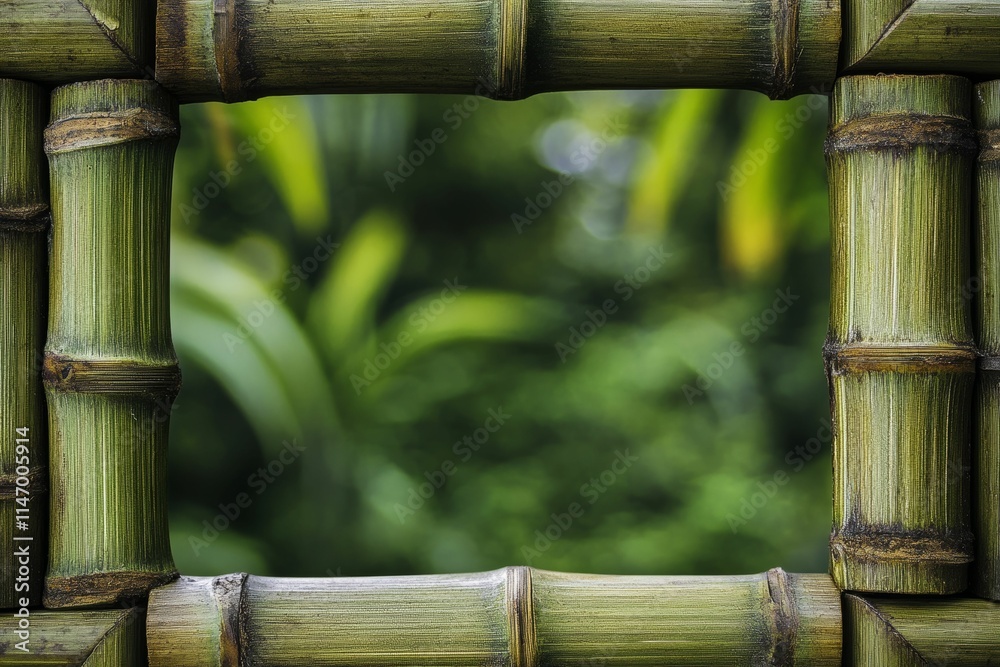 Bamboo frame surrounds blurred green foliage. Bamboo frame surrounds blurred green foliage.
