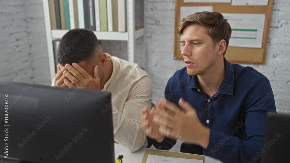 Men discussing work in an office while using computer and looking tired and stressed with one appearing to sleep Men discussing work in an office while using computer and looking tired and stressed with one appearing to sleep
