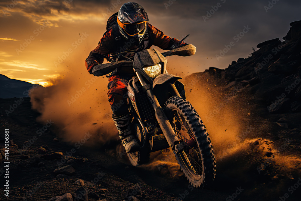A dynamic shot of a motocross rider navigating a challenging dirt track as the sun sets, creating a dramatic, golden-hour atmosphere. Dust and speed define this action-packed scene. A dynamic shot of a motocross rider navigating a challenging dirt track as the sun sets, creating a dramatic, golden-hour atmosphere. Dust and speed define this action-packed scene.