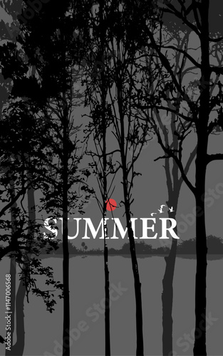 Nature portrait landscape black gray theme nature scene vector illustration river rurals scenary book cover wall artwork poster banner wallpaper trees fog mist birds text summer