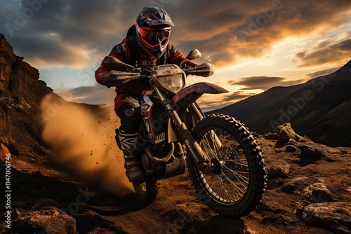 A dirt bike rider speeds across a rocky, dusty trail as the sun sets, creating a dramatic, vibrant scene. The rider is fully geared up, focused on the path ahead. photo