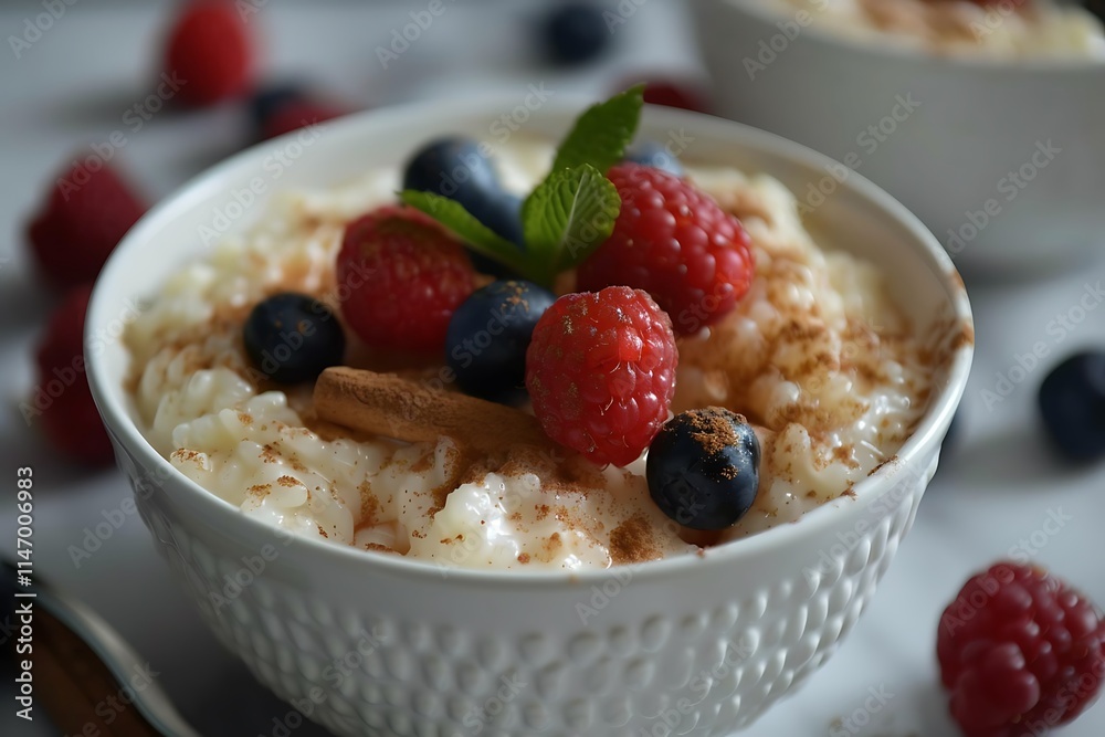 A creamy rice pudding topped with a sprinkle of cinnamon and a few fresh berries