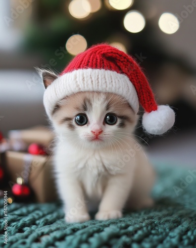 Wallpaper Mural Cute little kitten wearing a red knitted Christmas hat on a warm blanket in bed Torontodigital.ca