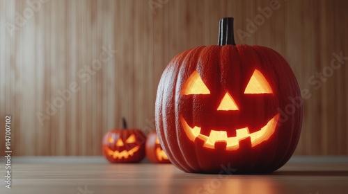 Lit jack-o'-lanterns on wood floor. photo