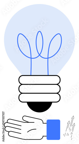 Light bulb with spiral filament above a hand gesture, and sketch arrows. Ideal for innovation, creativity, new ideas, support, inspiration, growth and progress concepts. Line metaphor