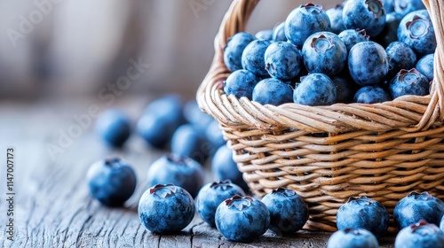 Fresh blueberries in a wicker basket on a wooden table. (1) photo