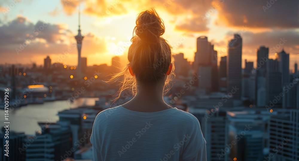 A woman with a bun on her head is looking out over a city at the sun A woman with a bun on her head is looking out over a city at the sun
