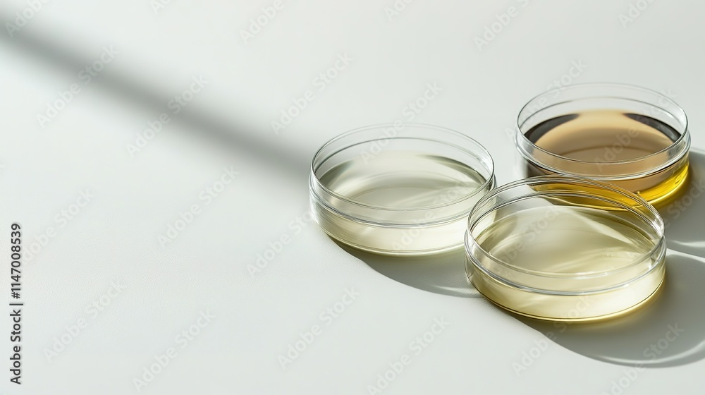 Three transparent dishes hold different colored liquids, showcas Three transparent dishes hold different colored liquids, showcas